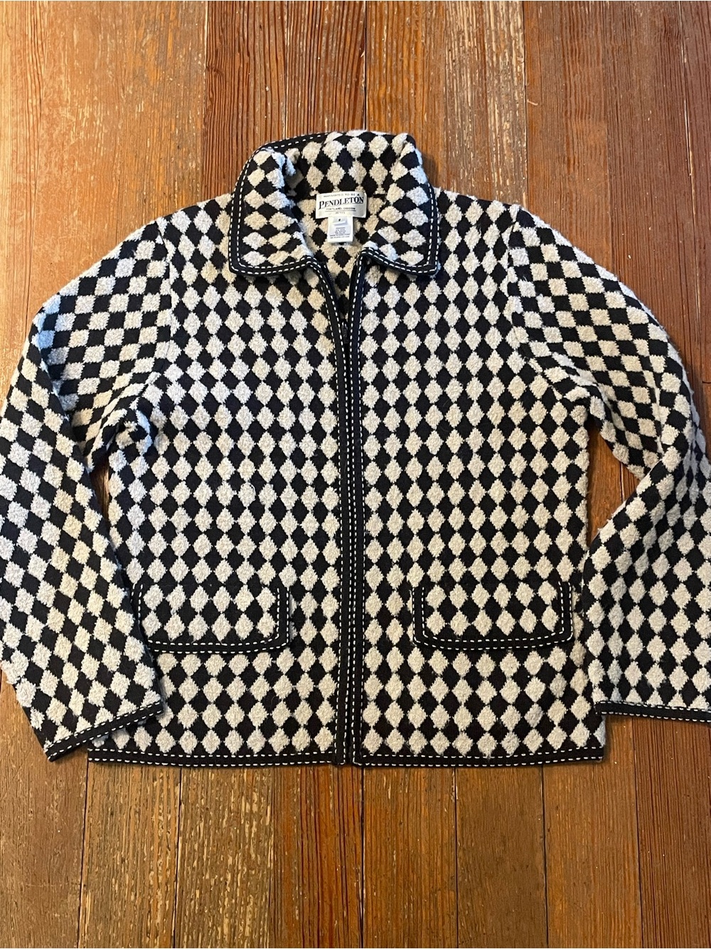 Vintage Full-Zip Harlequin Diamond Pattern Cardigan Sweater Jacket SZ PS